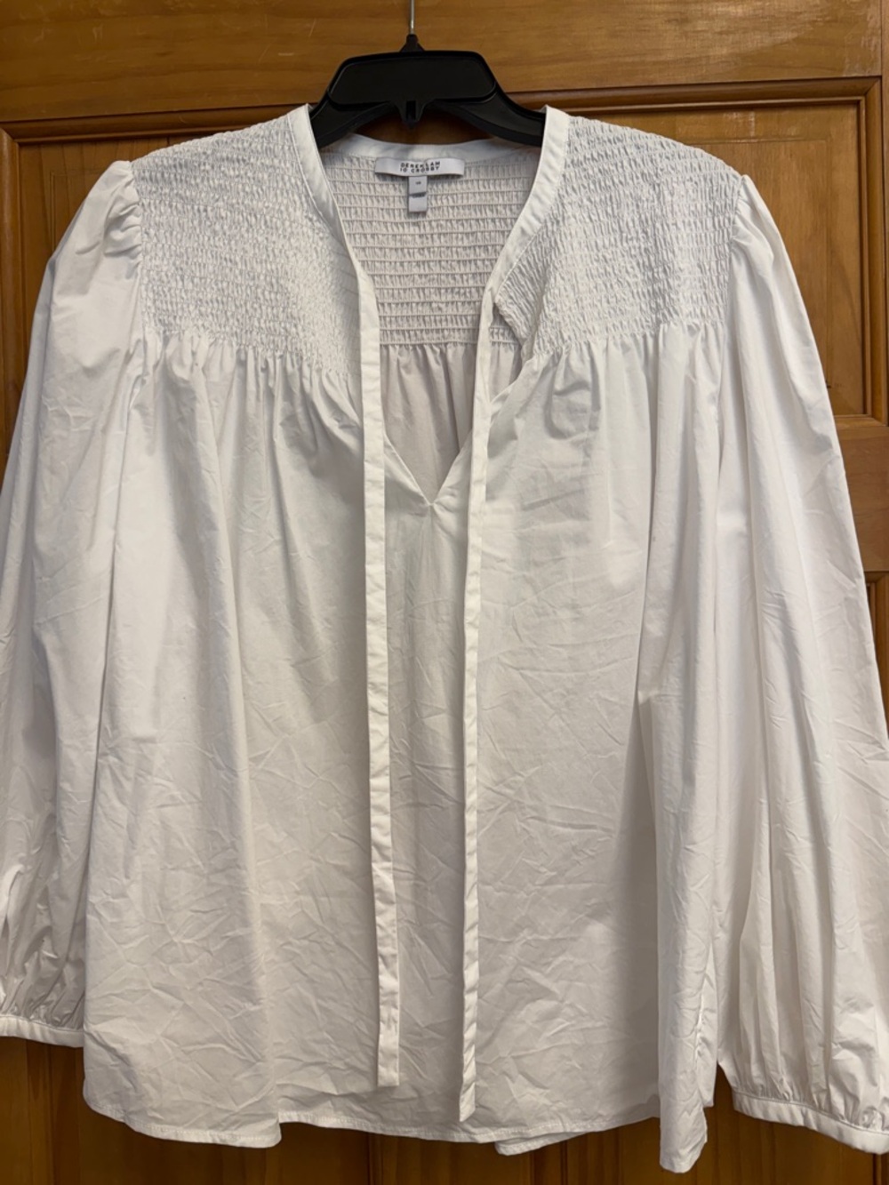 Derek Lam White Smocked Yoke Cotton Peasant Blouse